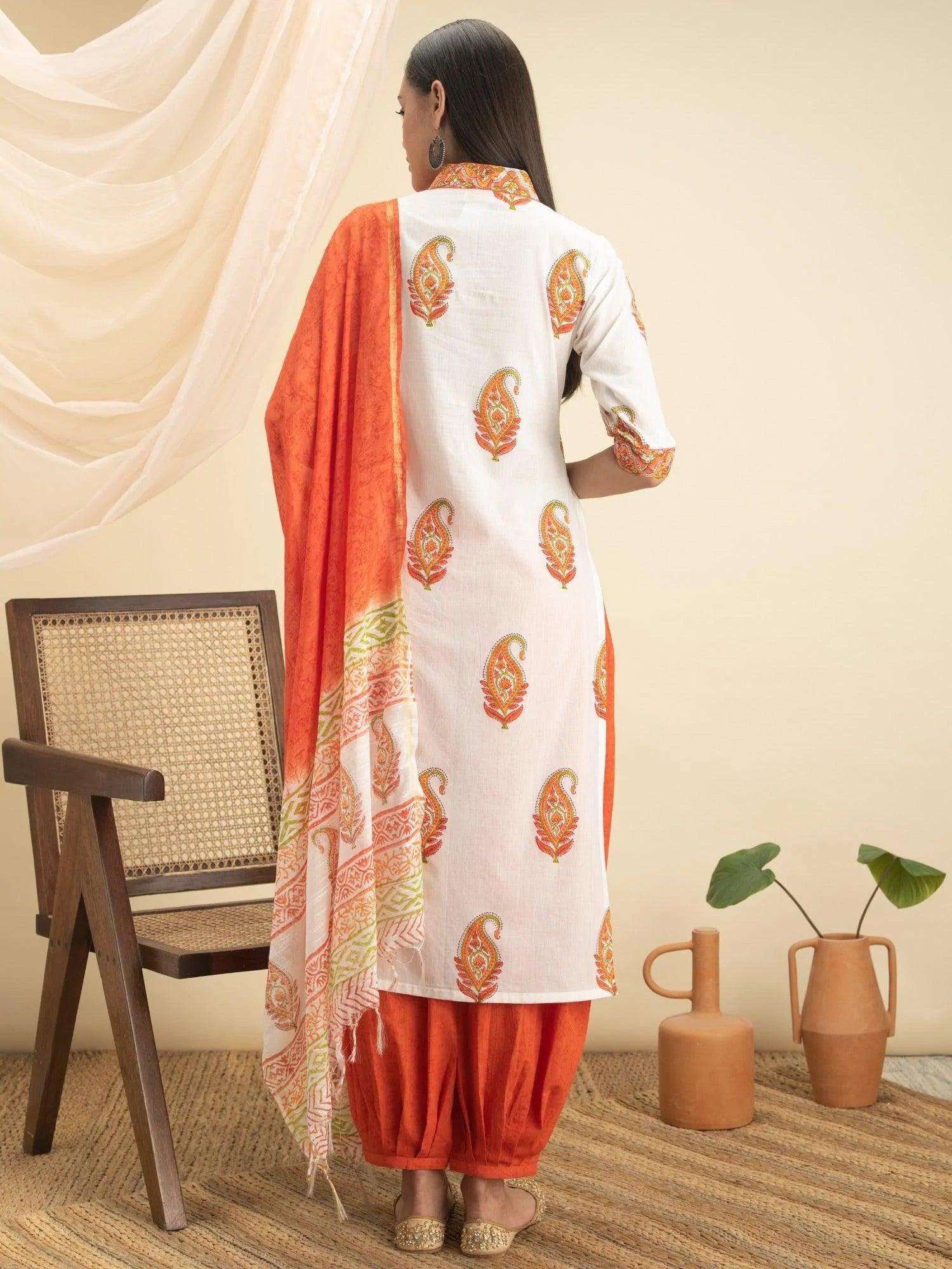 Orange Printed Cotton Suit Set