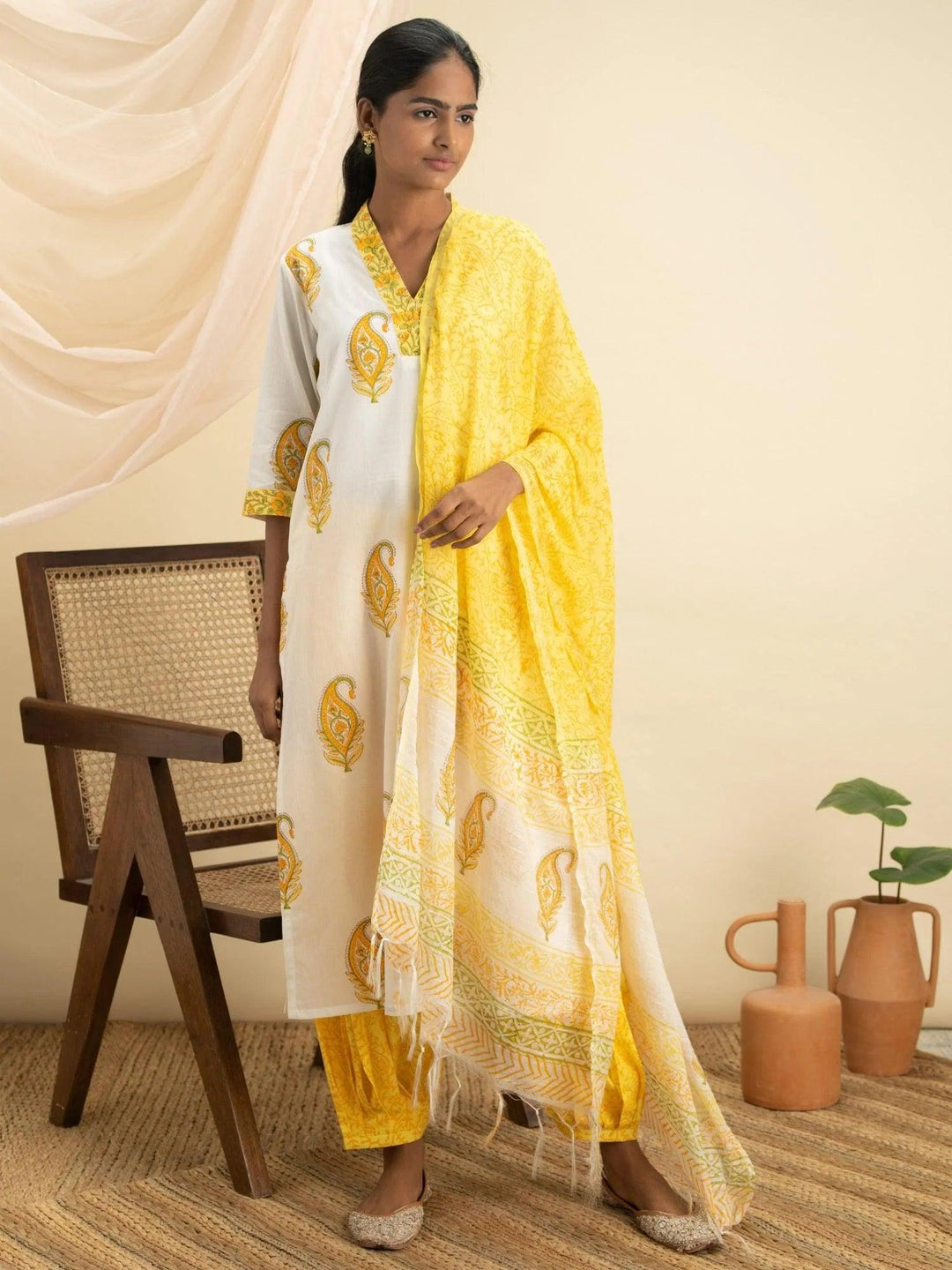 White Printed Cotton Suit Set - ShopLibas