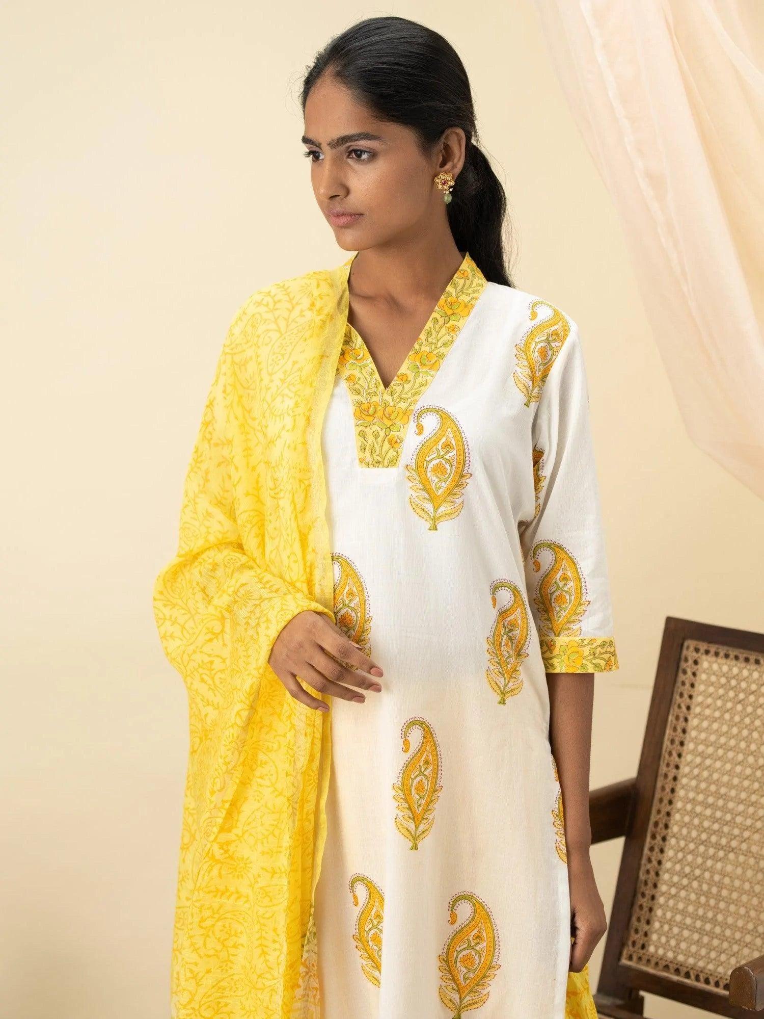 White Printed Cotton Suit Set