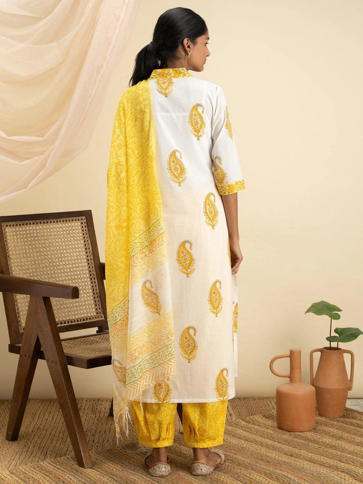 White Printed Cotton Suit Set - ShopLibas