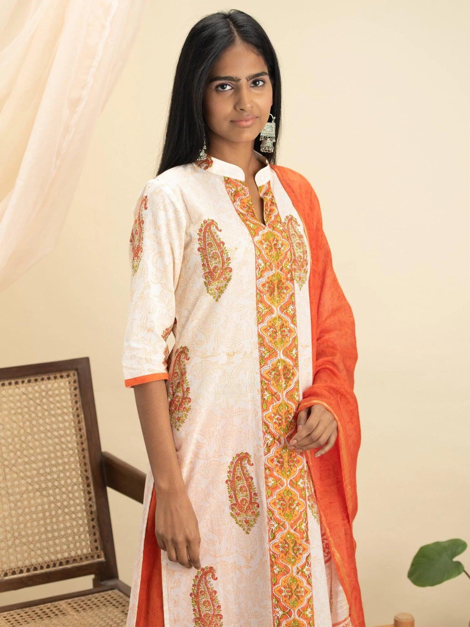 Orange Printed Cotton Suit Set