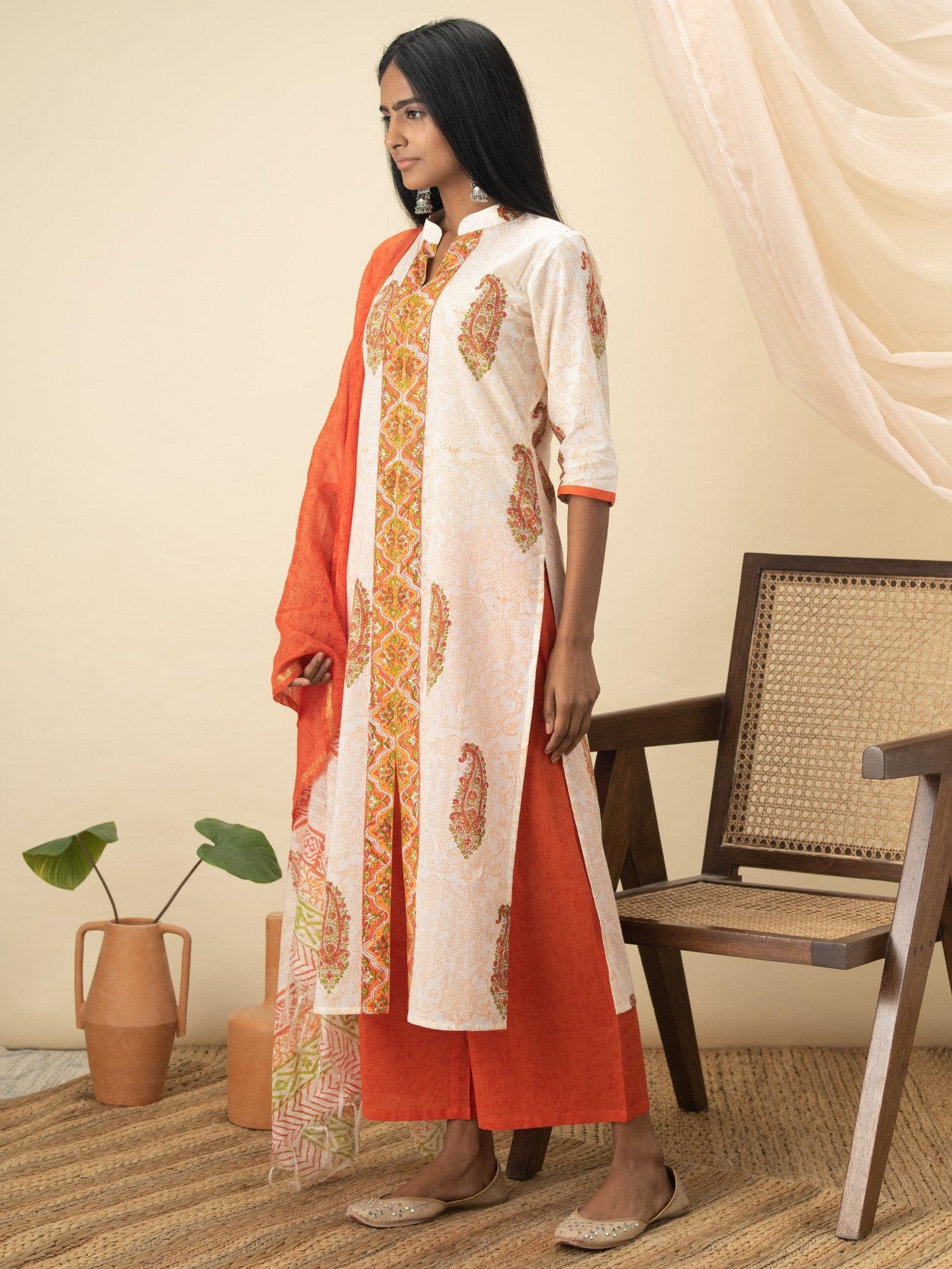 Orange Printed Cotton Suit Set