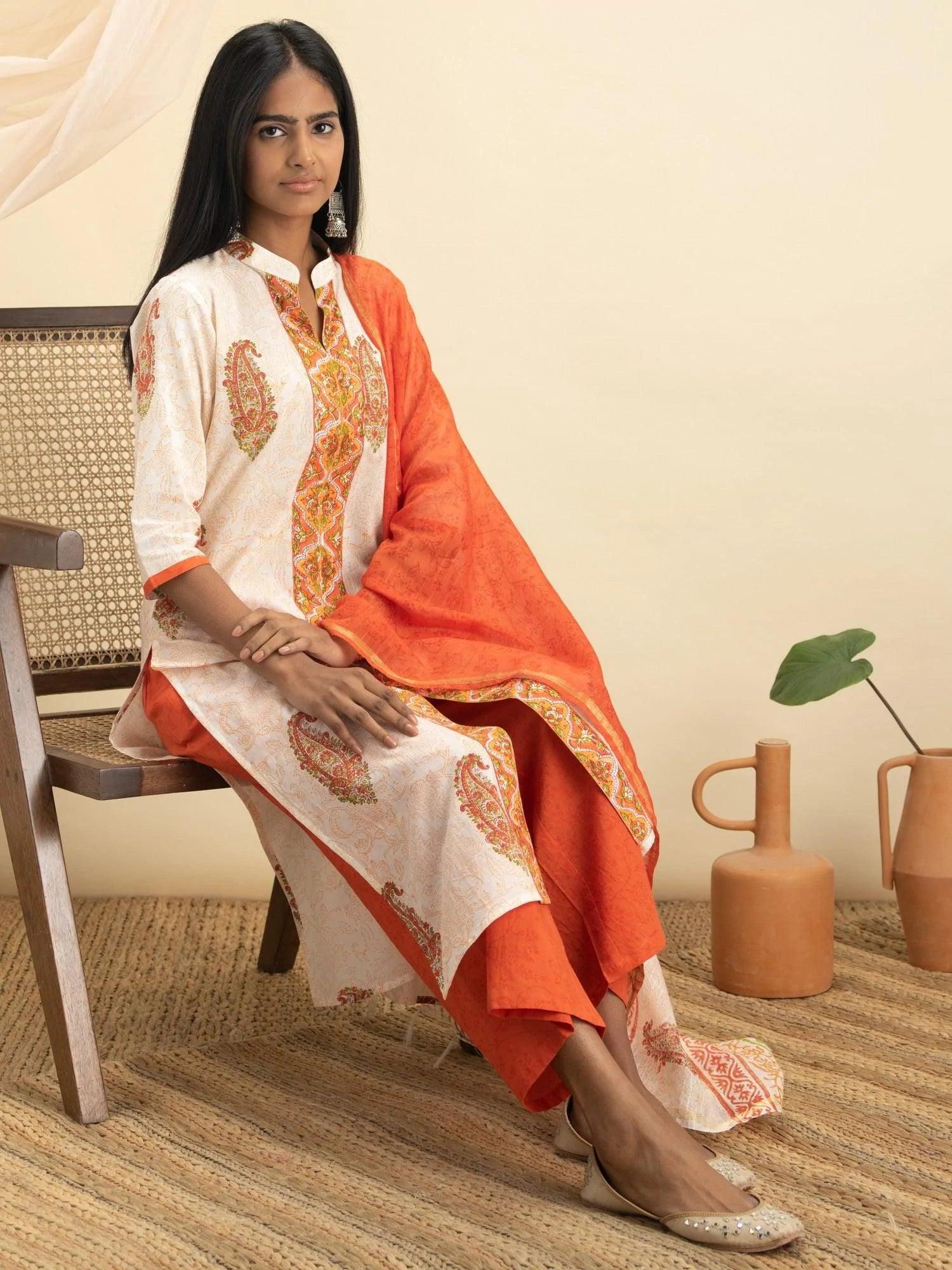 Orange Printed Cotton Suit Set