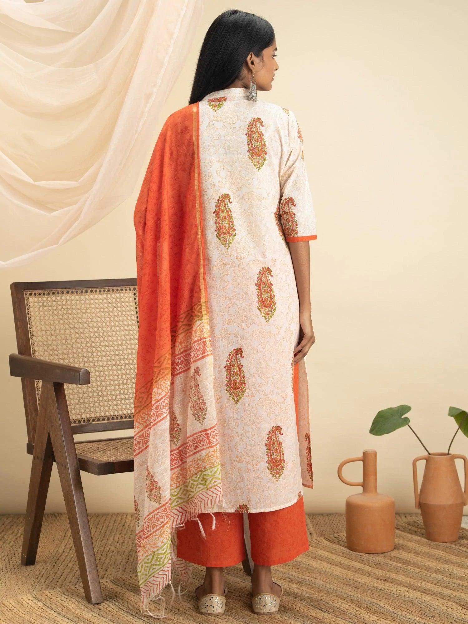 Orange Printed Cotton Suit Set