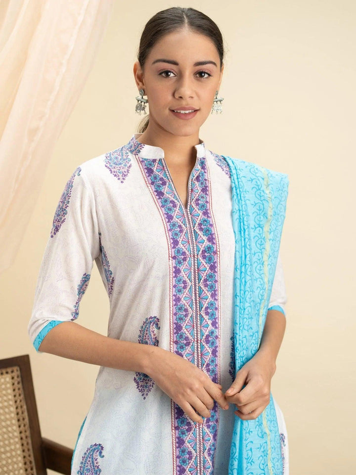 White Printed Cotton Suit Set - ShopLibas