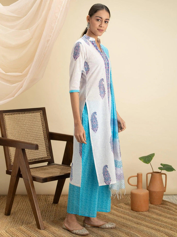 White Printed Cotton Suit Set - ShopLibas