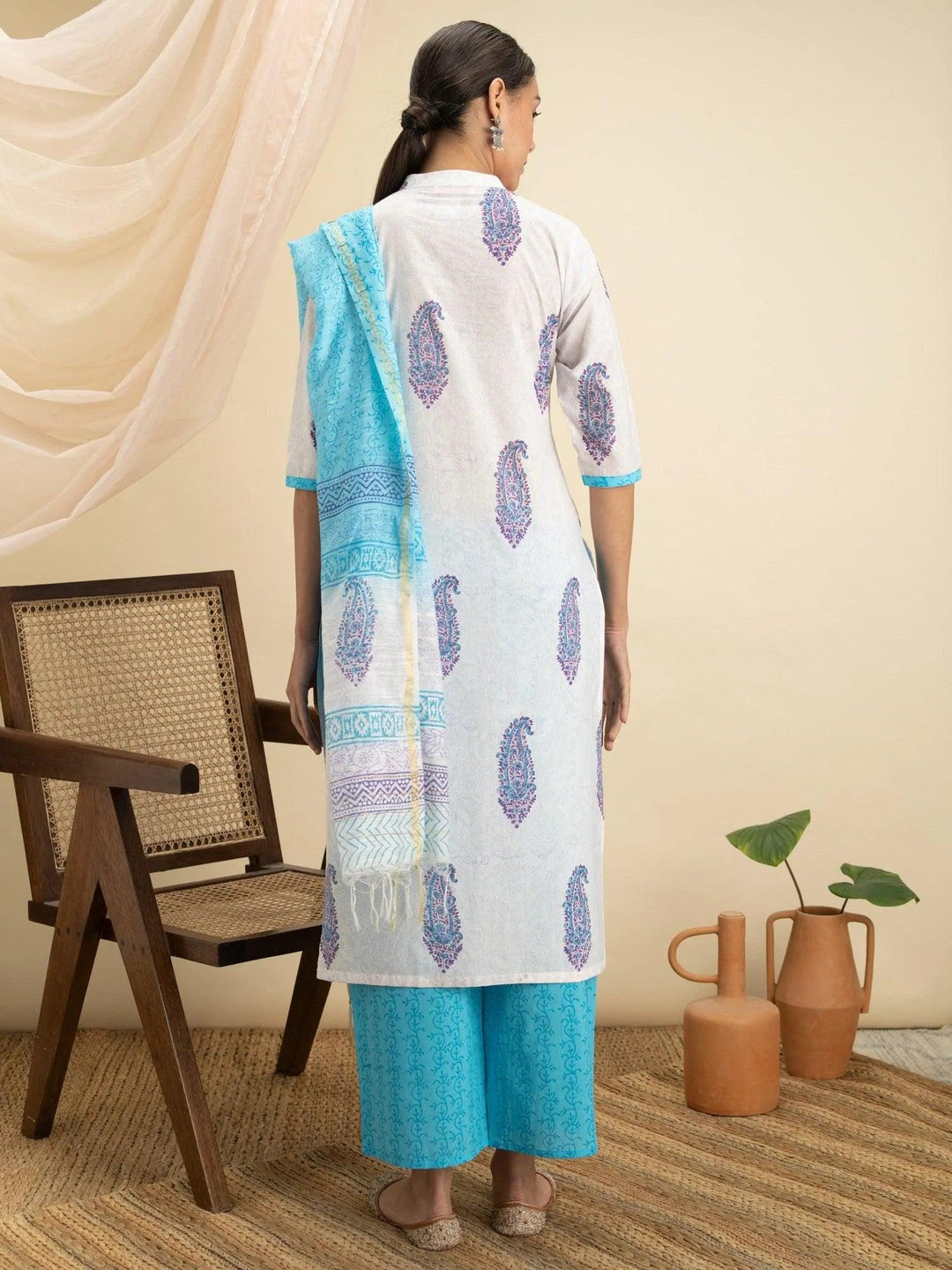 White Printed Cotton Suit Set - ShopLibas