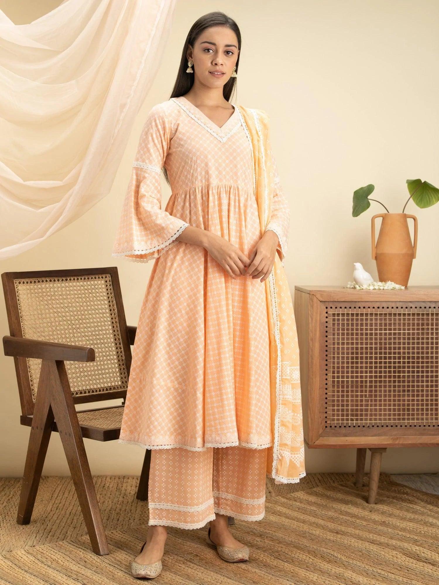 Peach Printed Cotton Suit Set