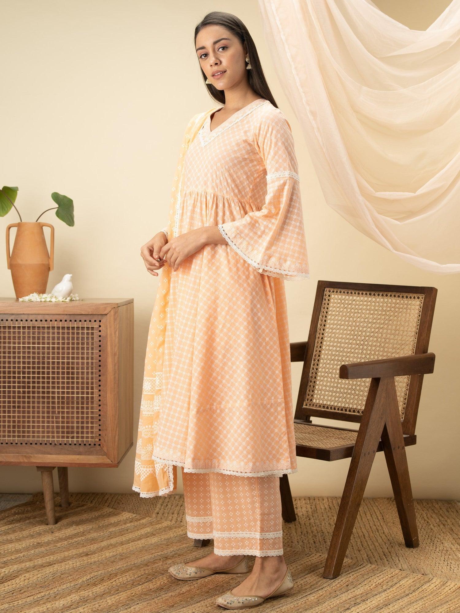 Peach Printed Cotton Suit Set