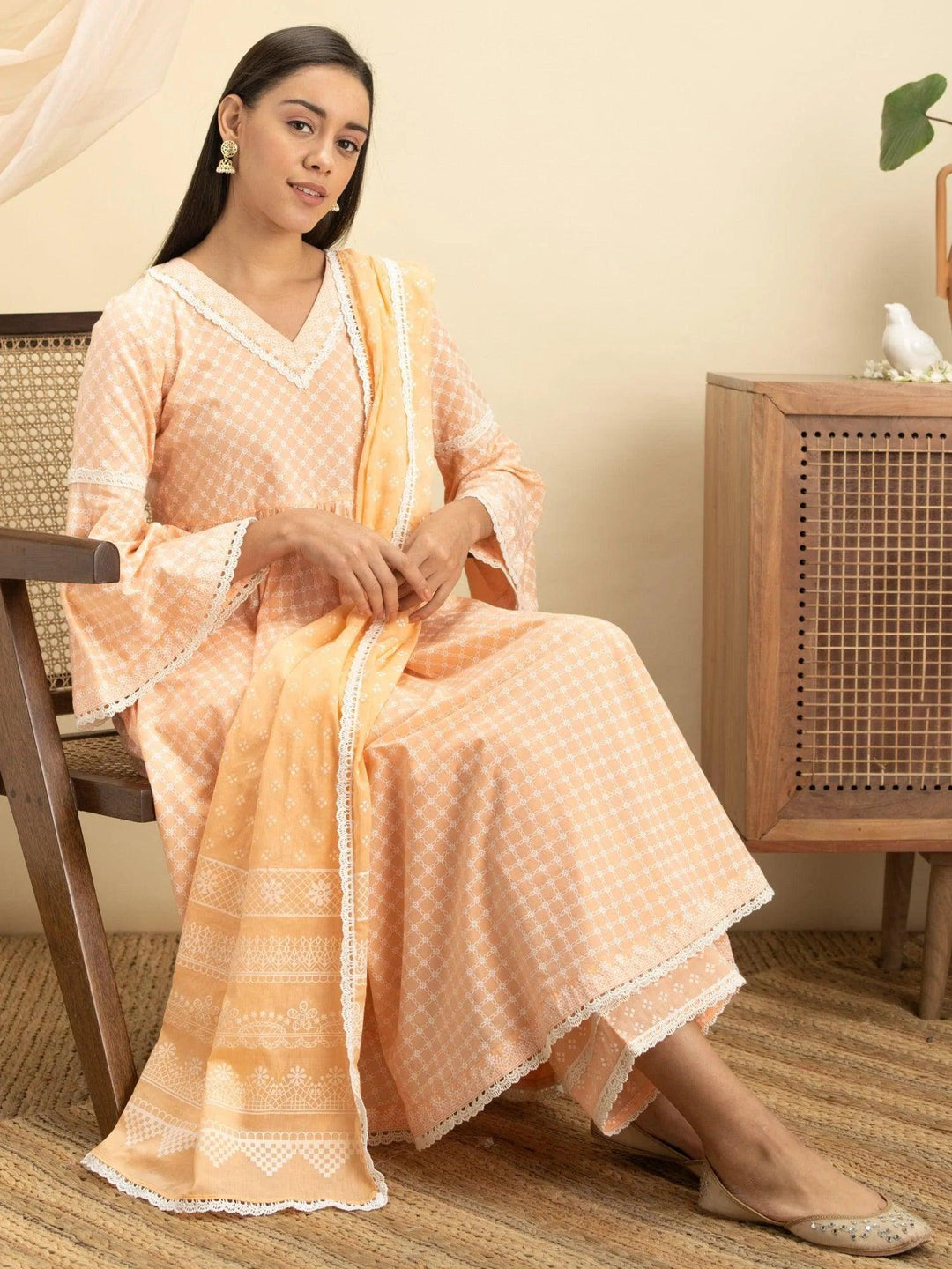 Peach Printed Cotton Suit Set - ShopLibas