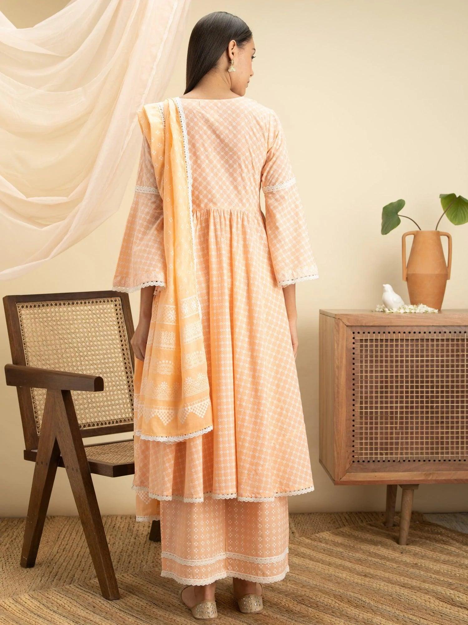 Peach Printed Cotton Suit Set