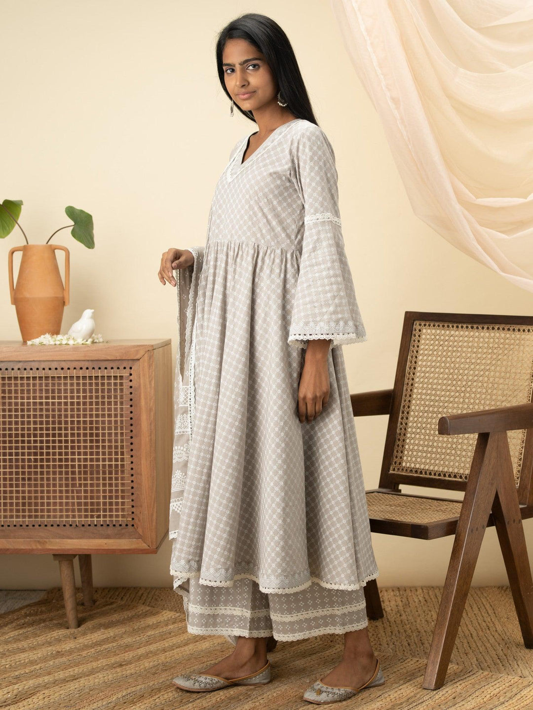 Grey Printed Cotton Suit Set - ShopLibas