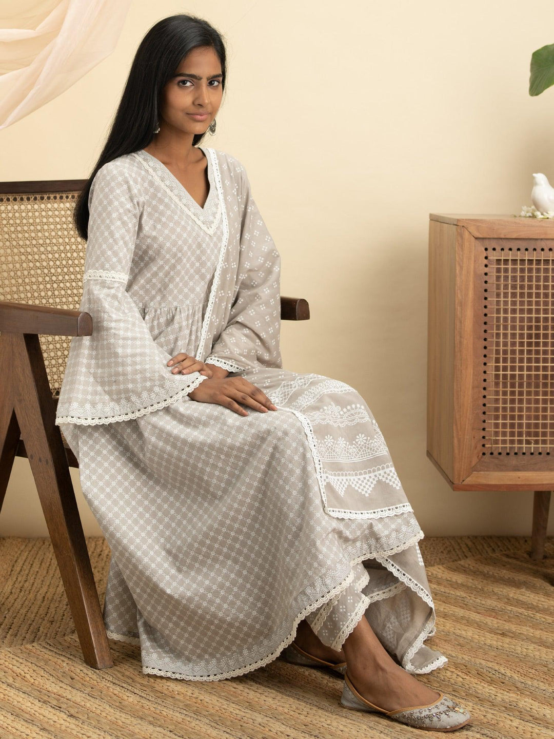 Grey Printed Cotton Suit Set - ShopLibas