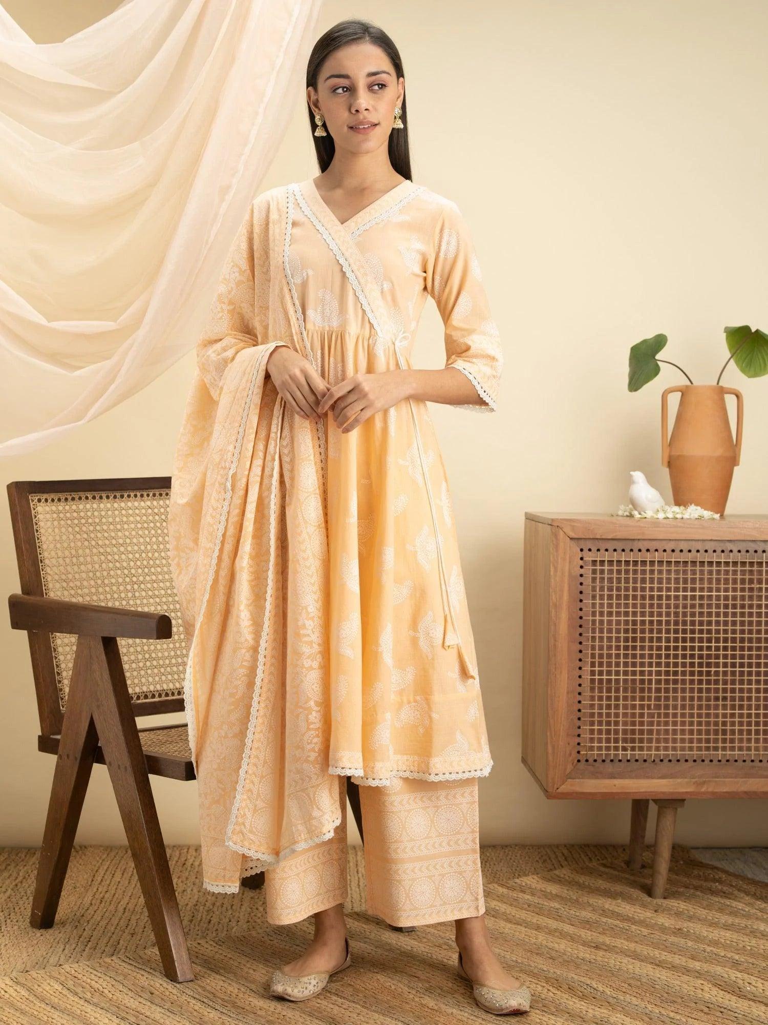 Peach Printed Cotton Suit Set