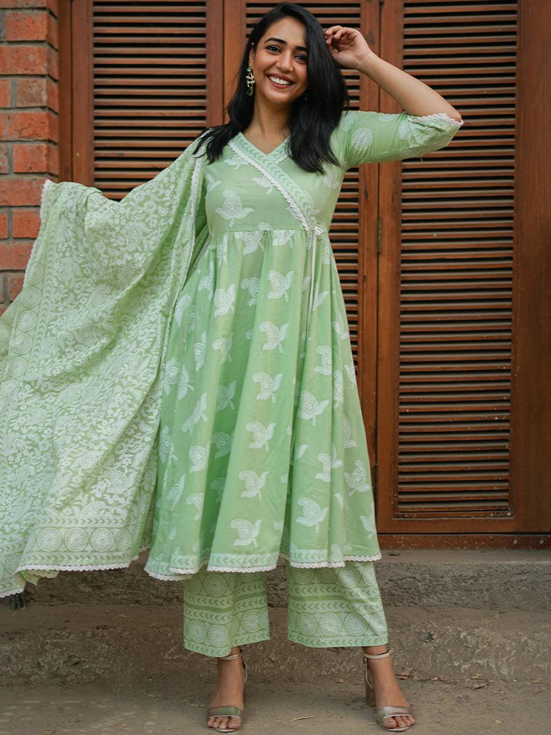 Green Printed Cotton Suit Set