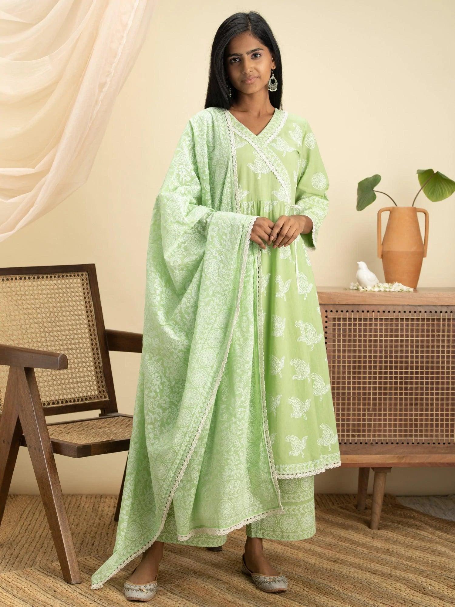 Green Printed Cotton Suit Set