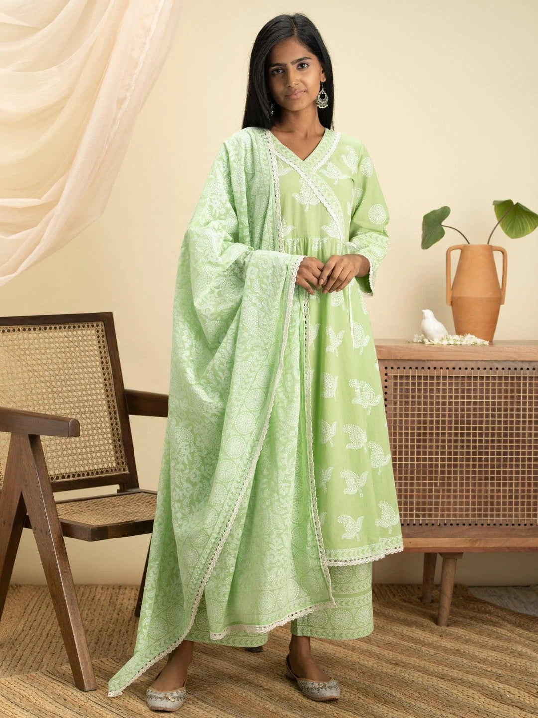 Green Printed Cotton Suit Set - ShopLibas