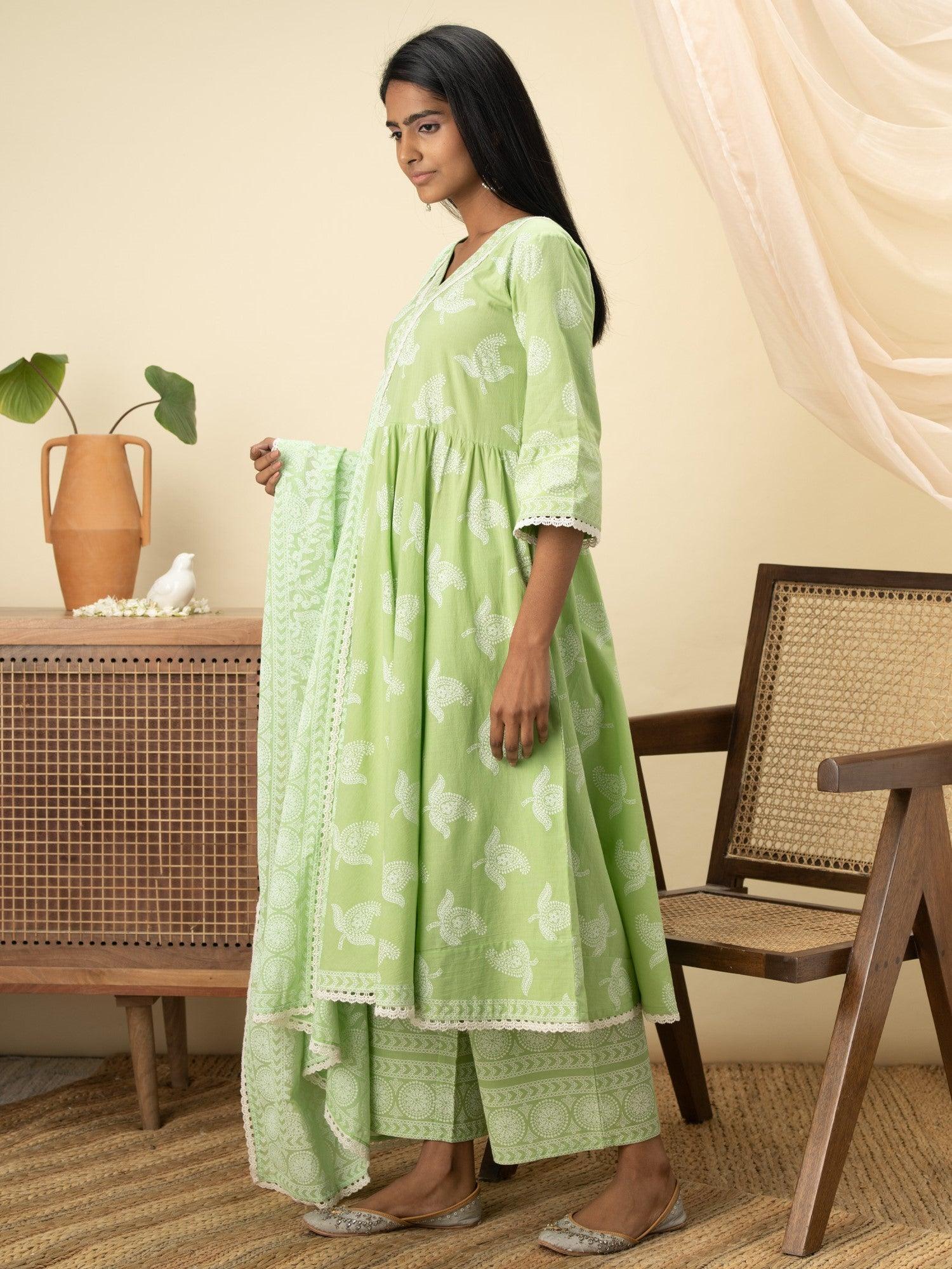 Green Printed Cotton Suit Set