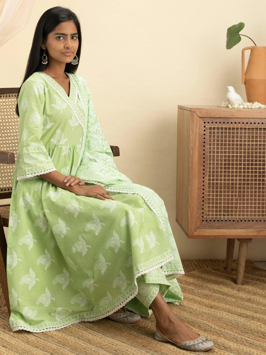 Green Printed Cotton Suit Set - ShopLibas