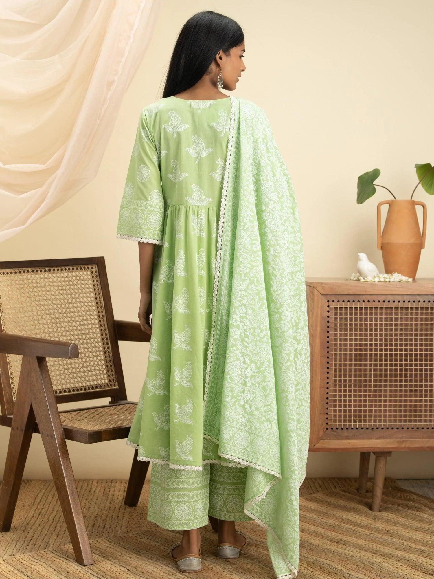 Green Printed Cotton Suit Set