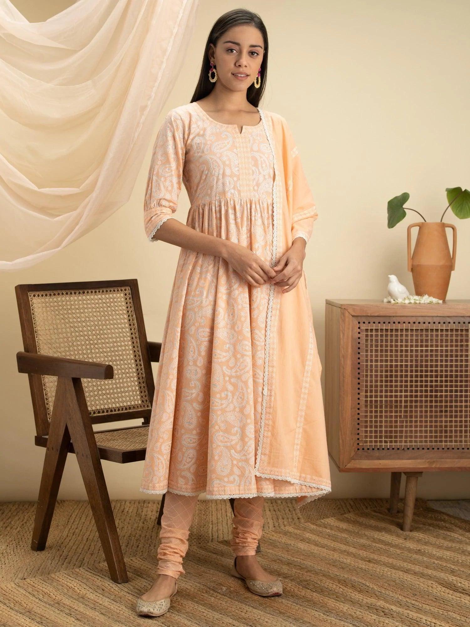 Peach Printed Cotton Suit Set