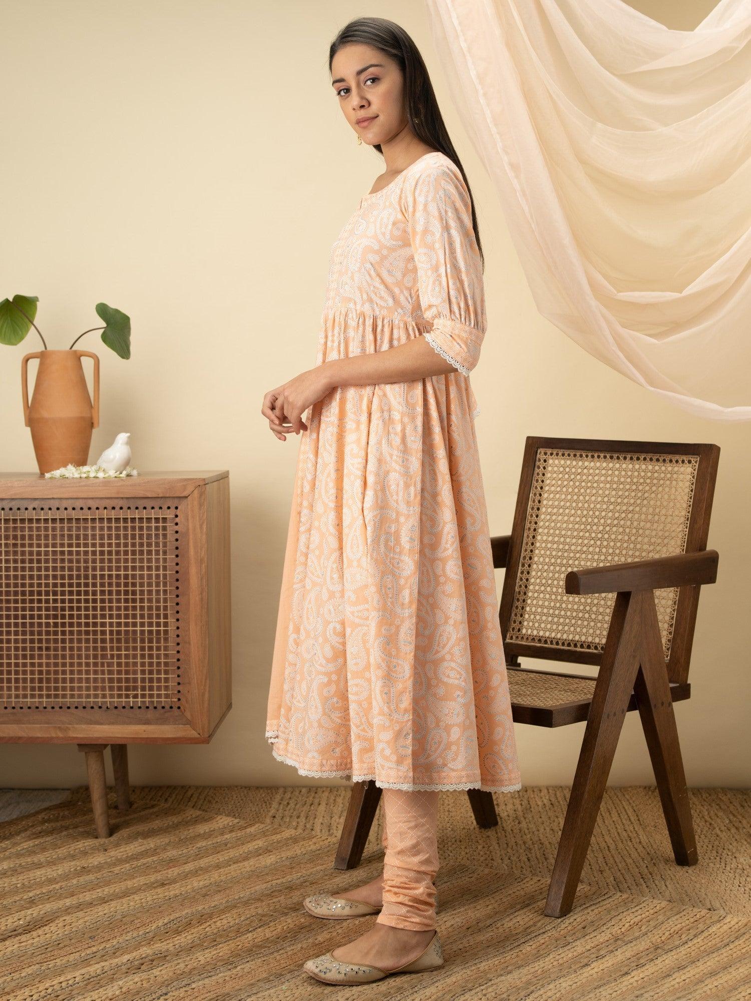 Peach Printed Cotton Suit Set