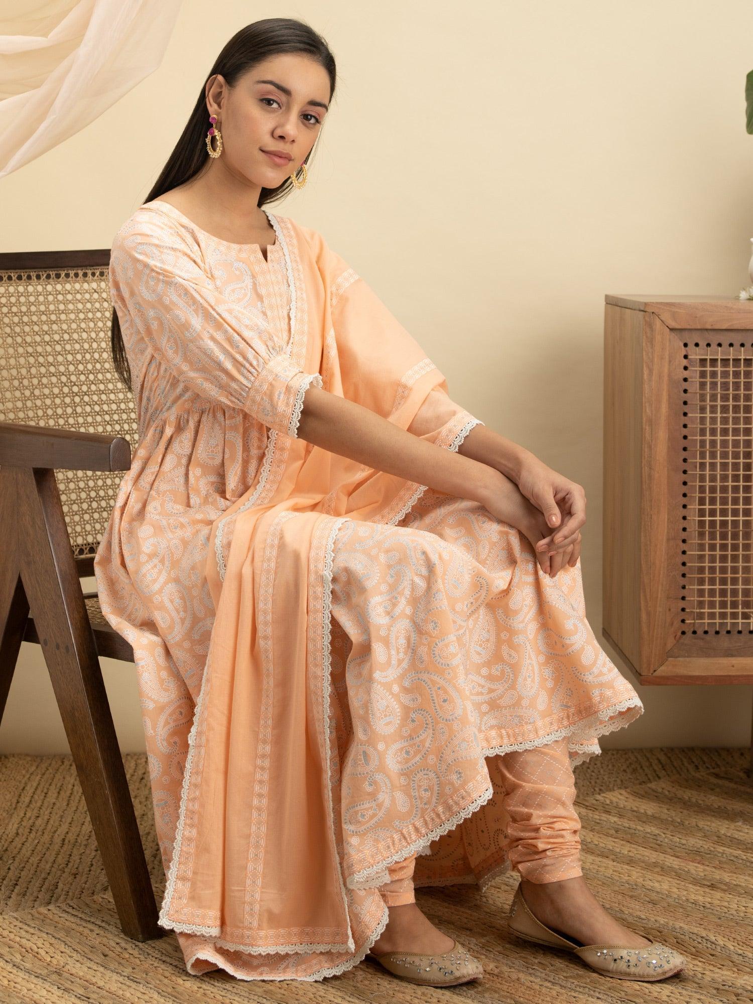 Peach Printed Cotton Suit Set