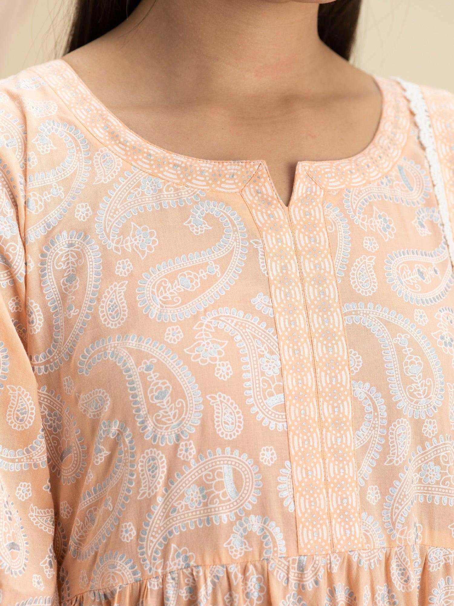 Peach Printed Cotton Suit Set