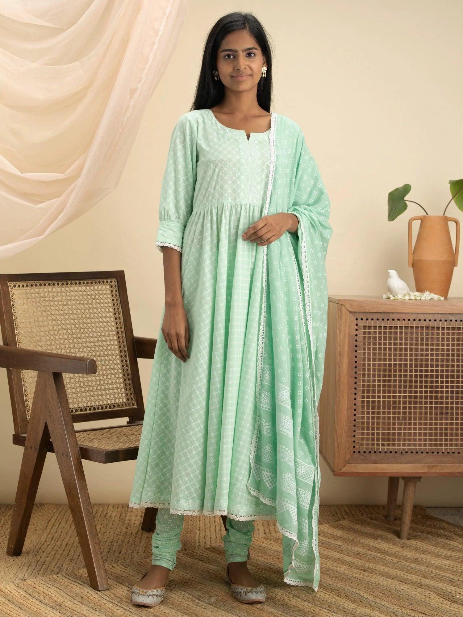 Green Printed Cotton Suit Set