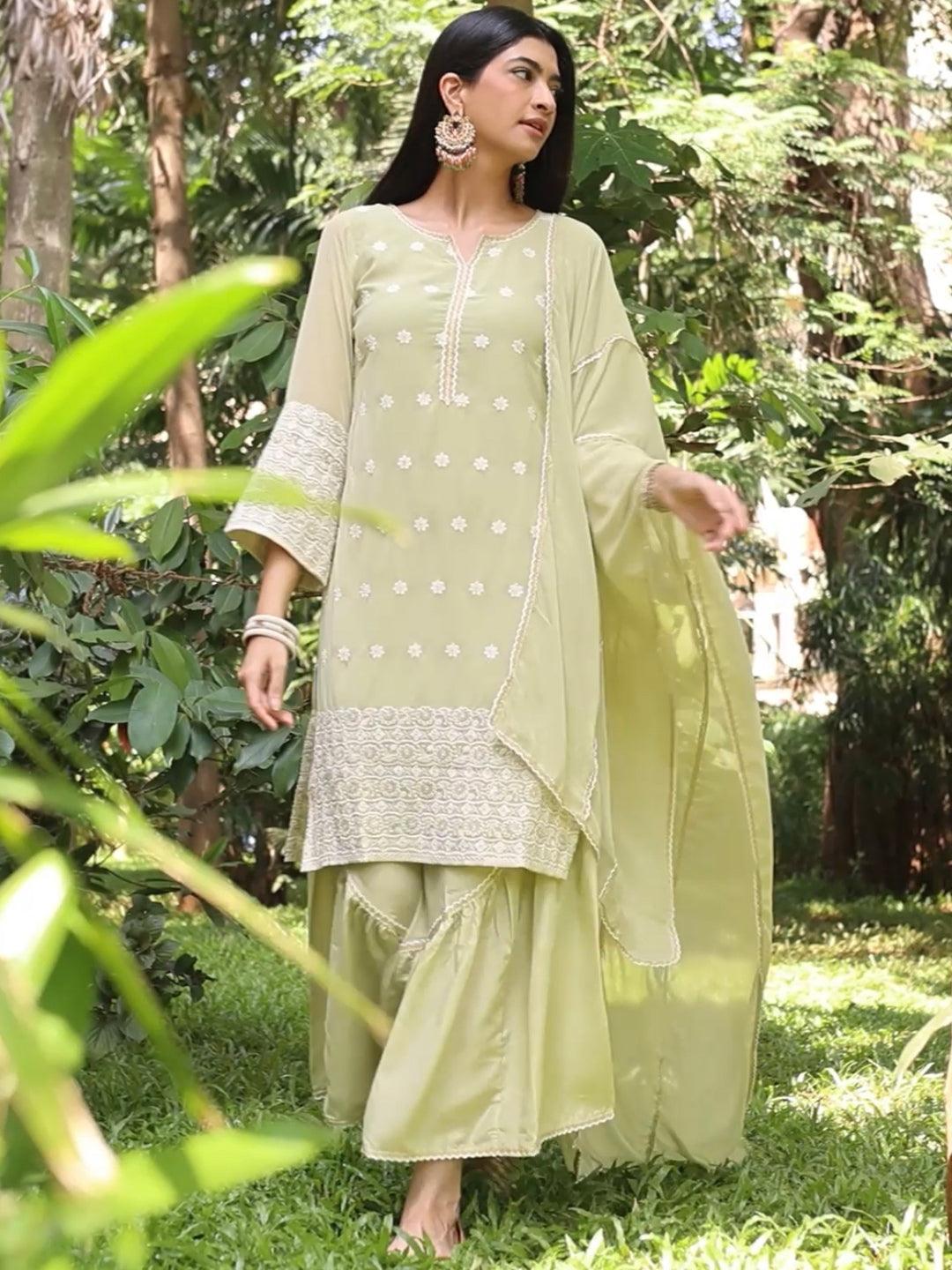 Green Embroidered Georgette Suit Set