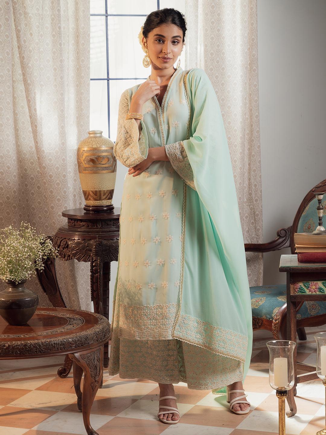 Blue Embroidered Georgette Suit Set - ShopLibas