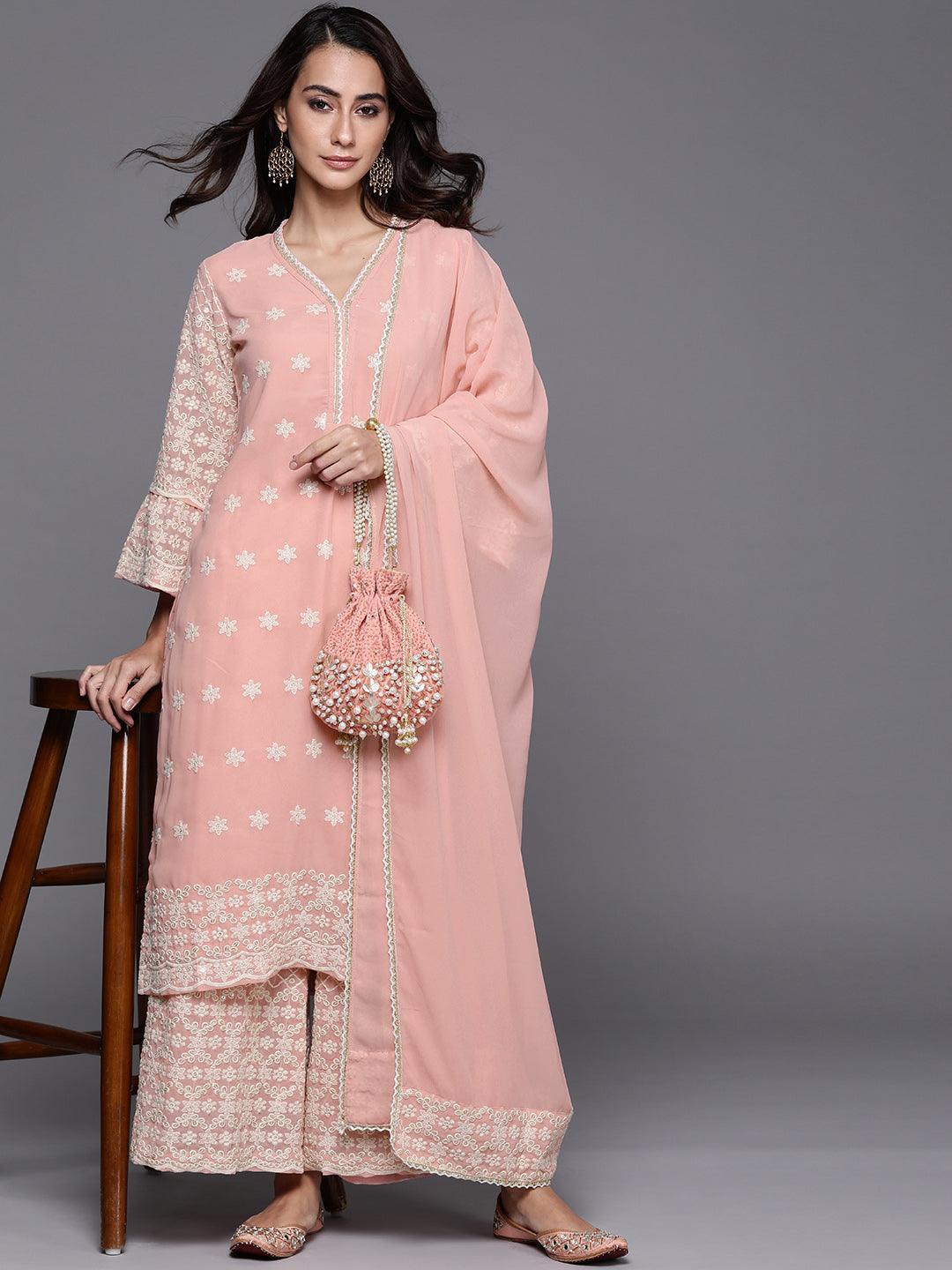 Pink Embroidered Georgette Suit Set - ShopLibas