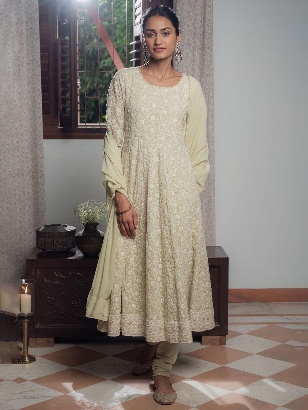 Green Embroidered Georgette Suit Set