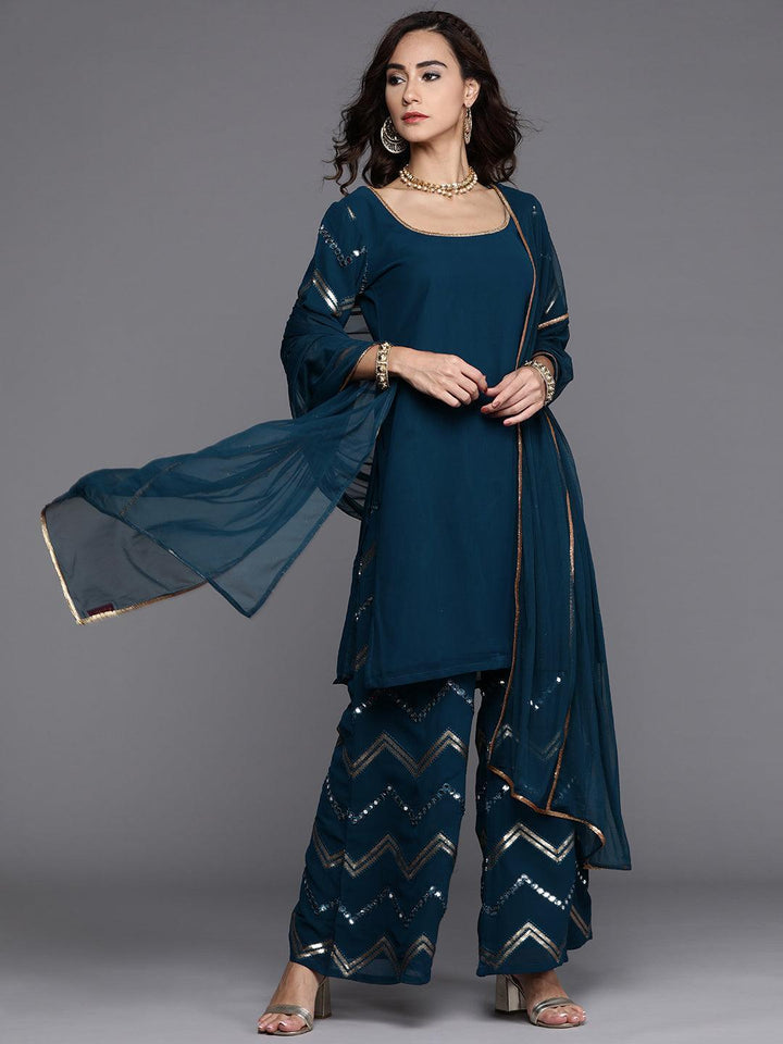 Blue Solid Poly Georgette Suit Set - ShopLibas