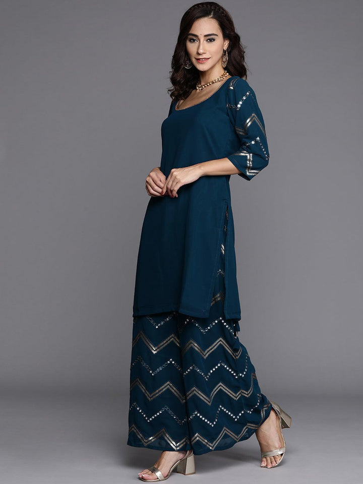 Blue Solid Poly Georgette Suit Set - ShopLibas