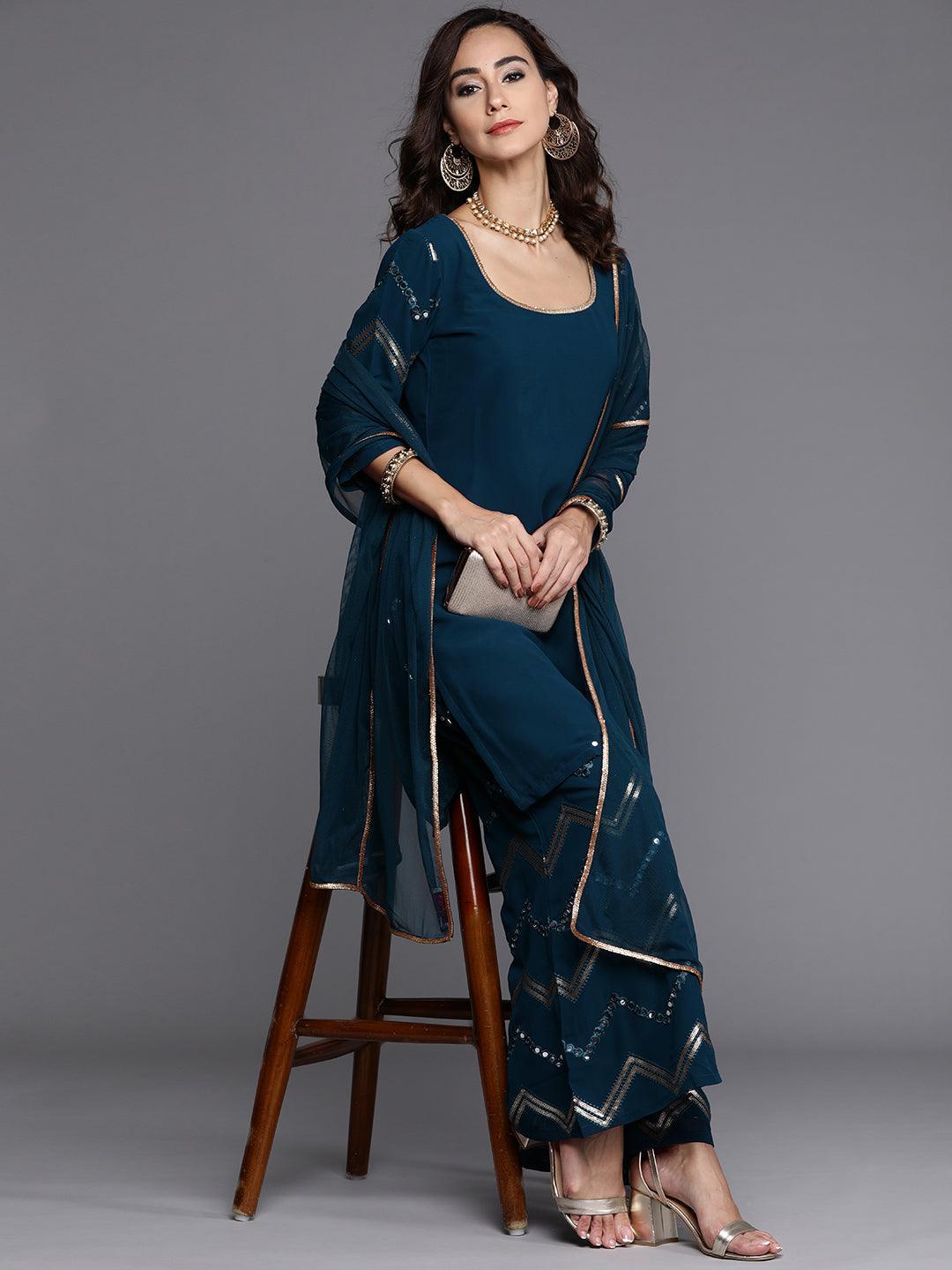 Blue Solid Poly Georgette Suit Set