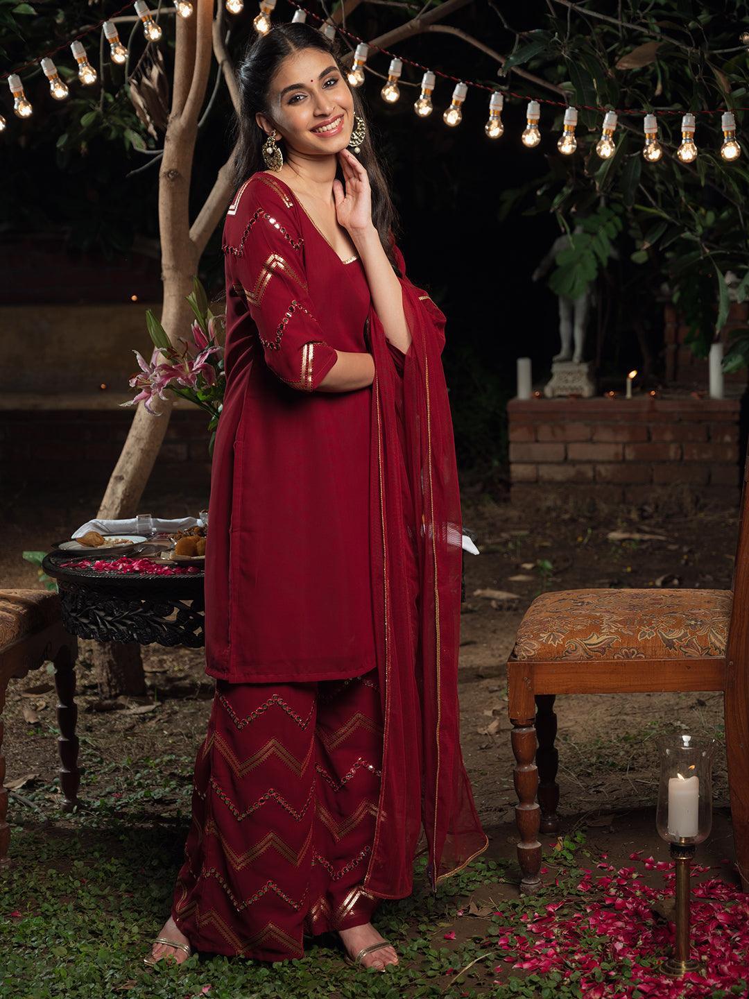 Maroon Solid Poly Georgette Suit Set - ShopLibas