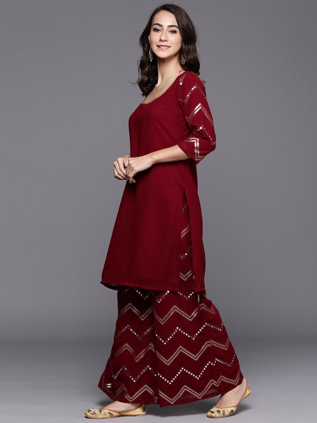 Maroon Solid Poly Georgette Suit Set - ShopLibas