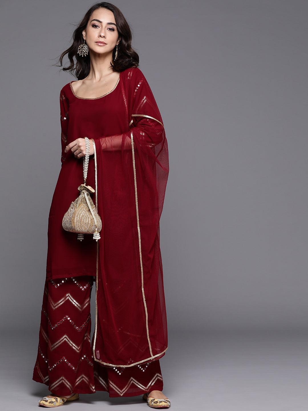 Maroon Solid Poly Georgette Suit Set - ShopLibas