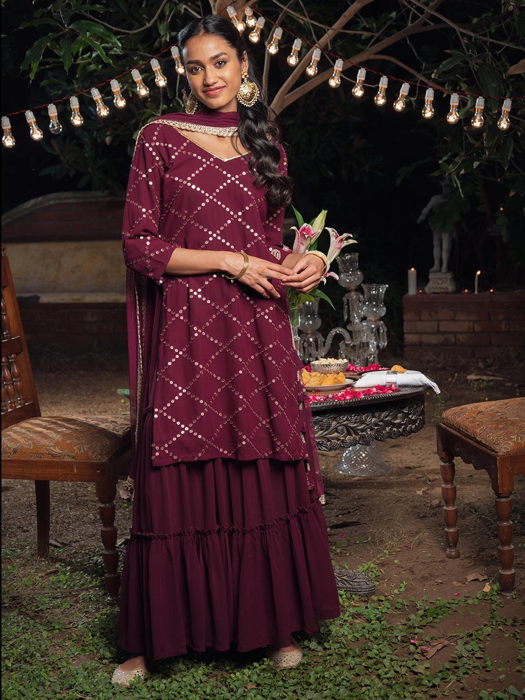 Purple Embroidered Georgette Suit Set