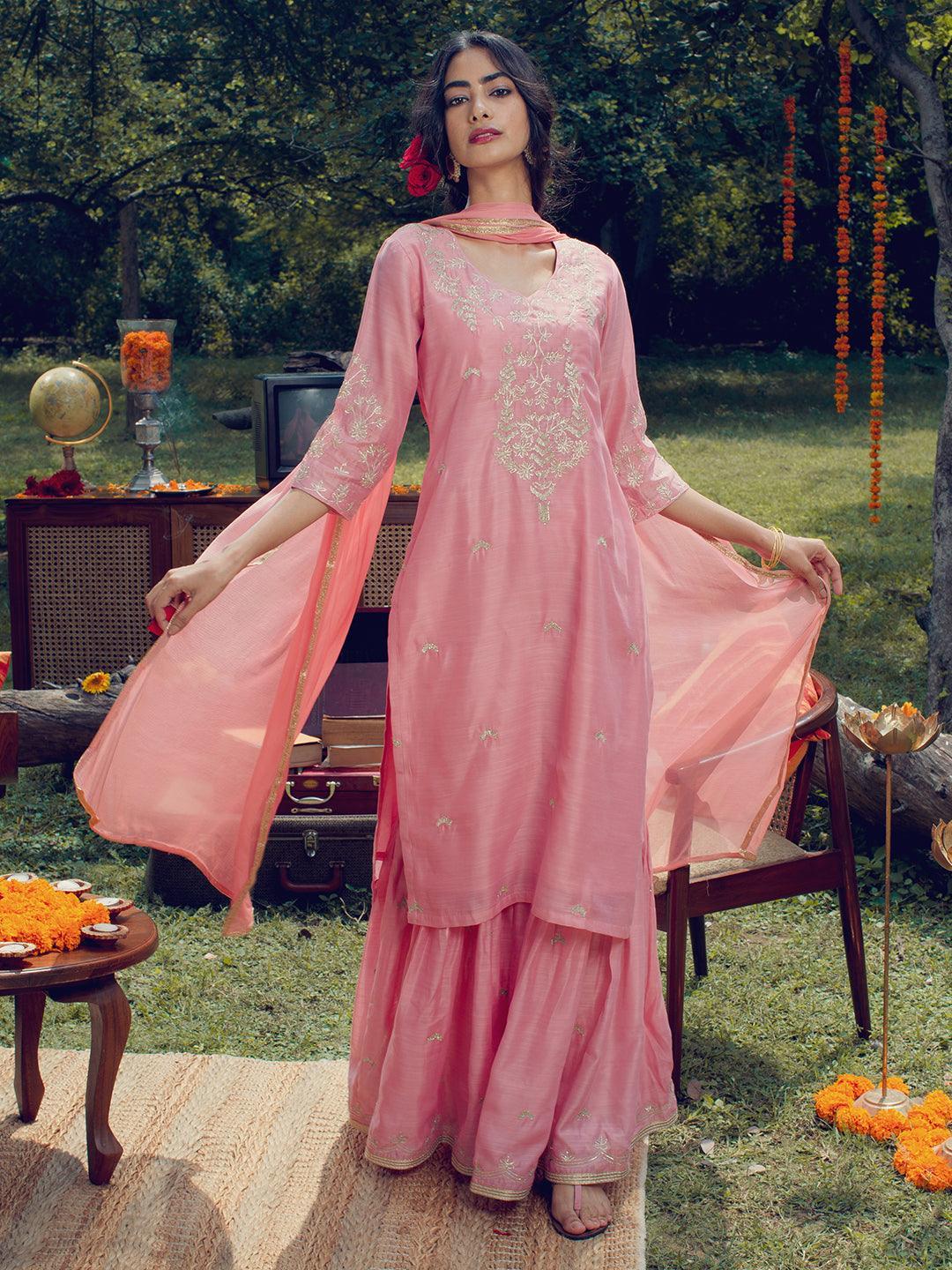 Pink Embroidered Chanderi Silk Suit Set