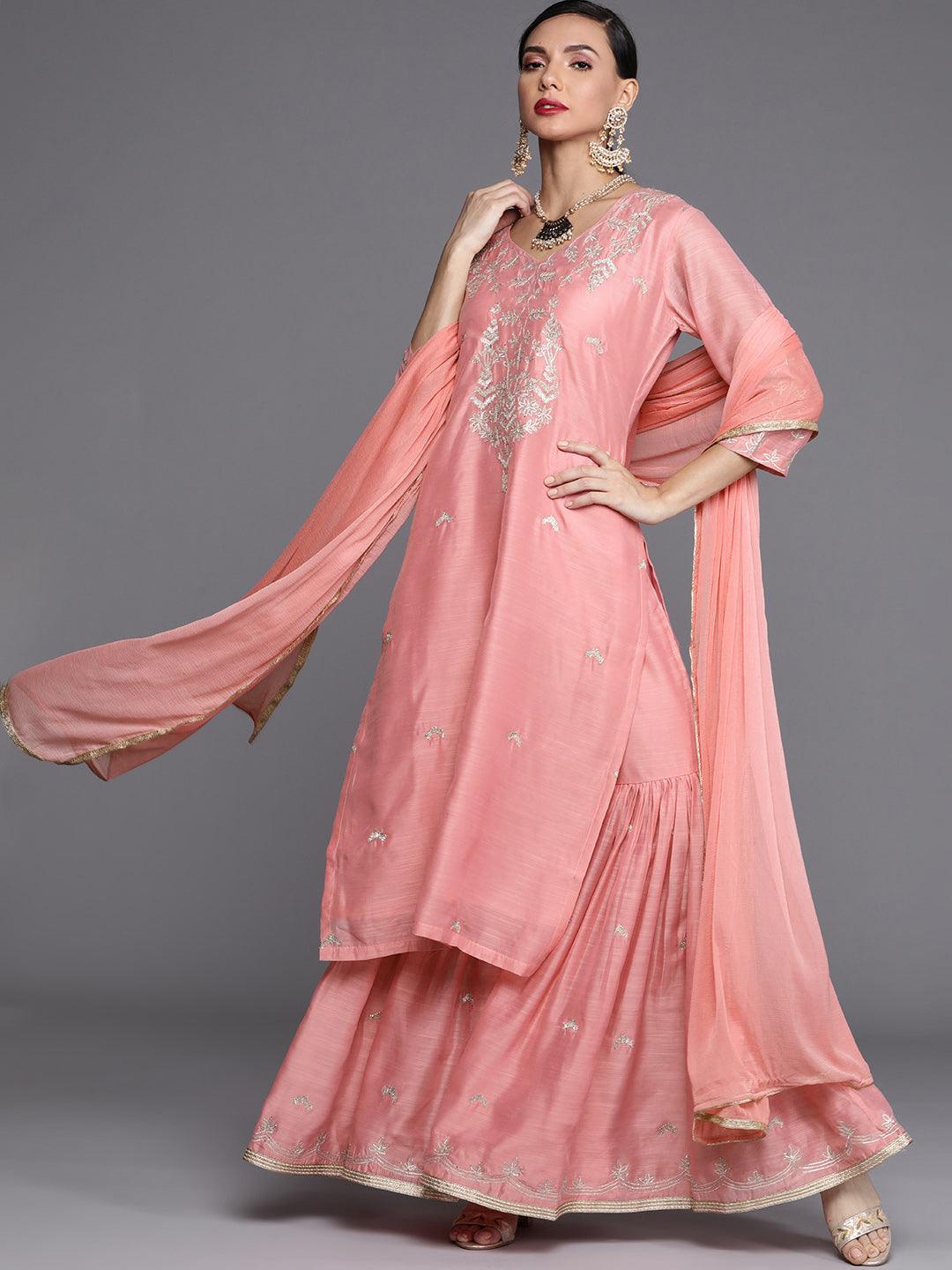 Pink Embroidered Chanderi Silk Suit Set