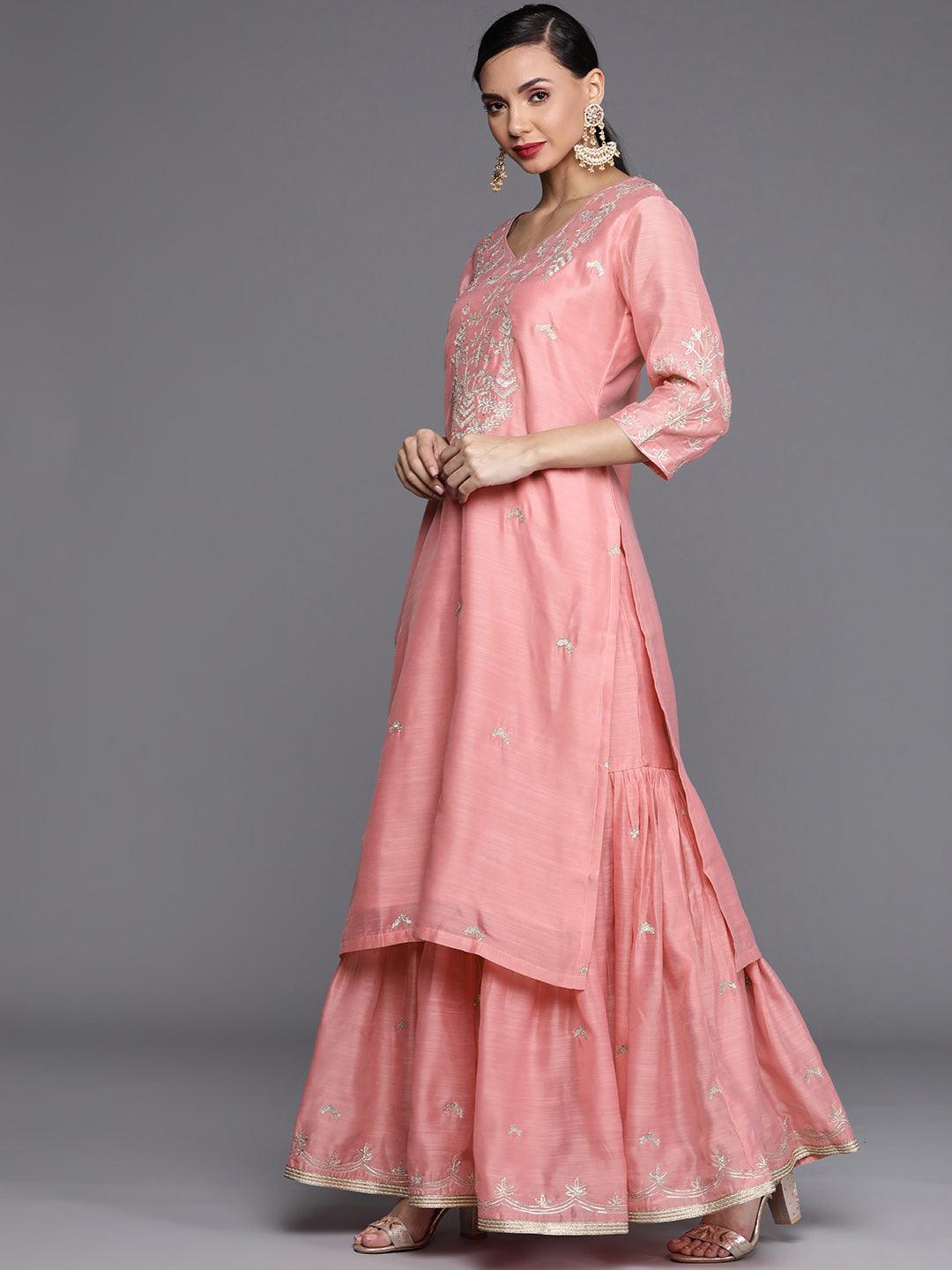 Pink Embroidered Chanderi Silk Suit Set