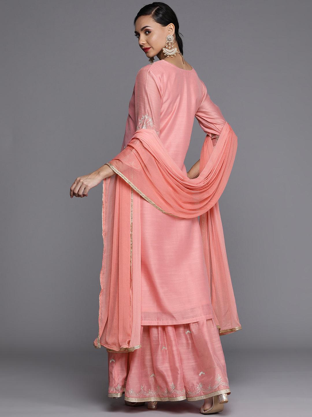 Pink Embroidered Chanderi Silk Suit Set