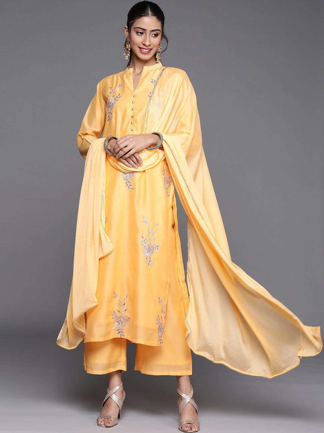 Yellow Embroidered Chanderi Silk Suit Set - ShopLibas