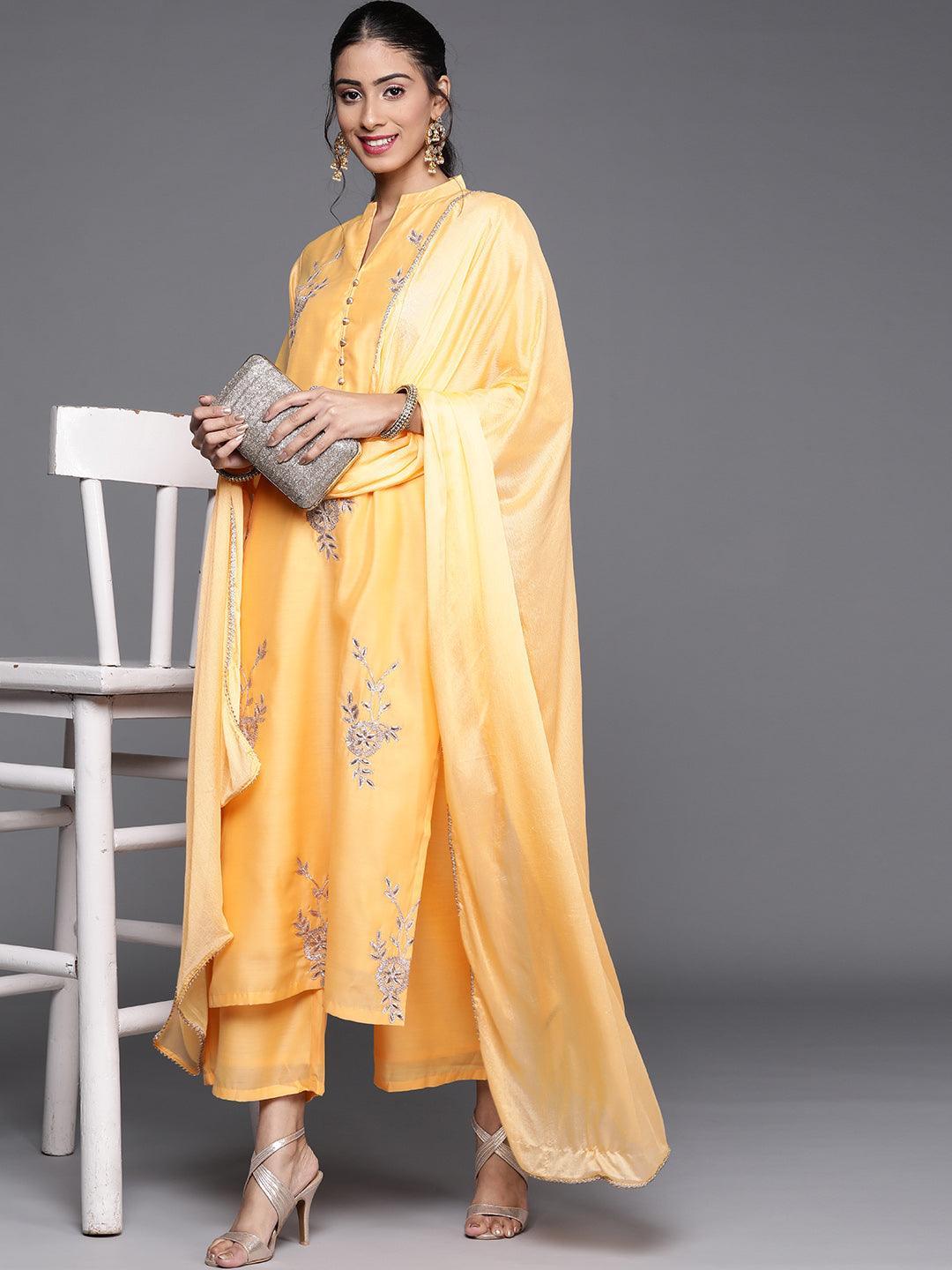 Yellow Embroidered Chanderi Silk Suit Set