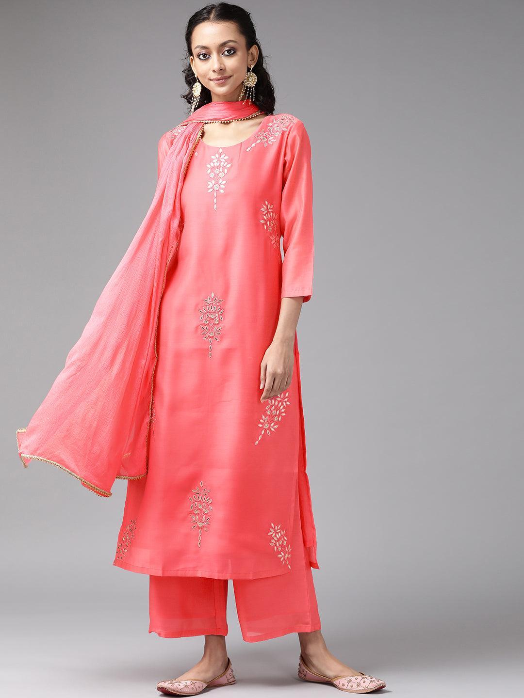 Pink Embroidered Chanderi Silk Suit Set