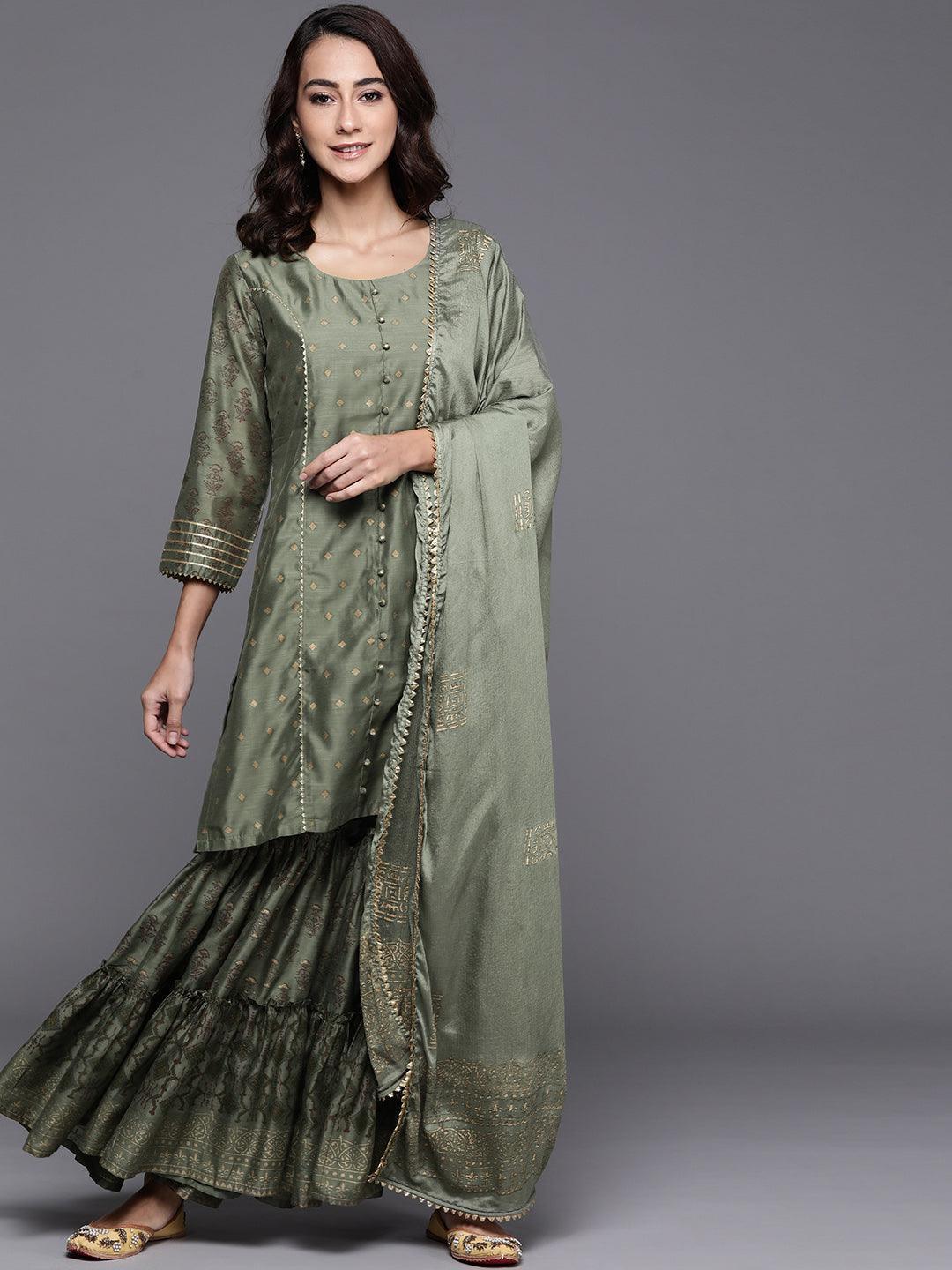 Green Printed Chanderi Silk Suit Set