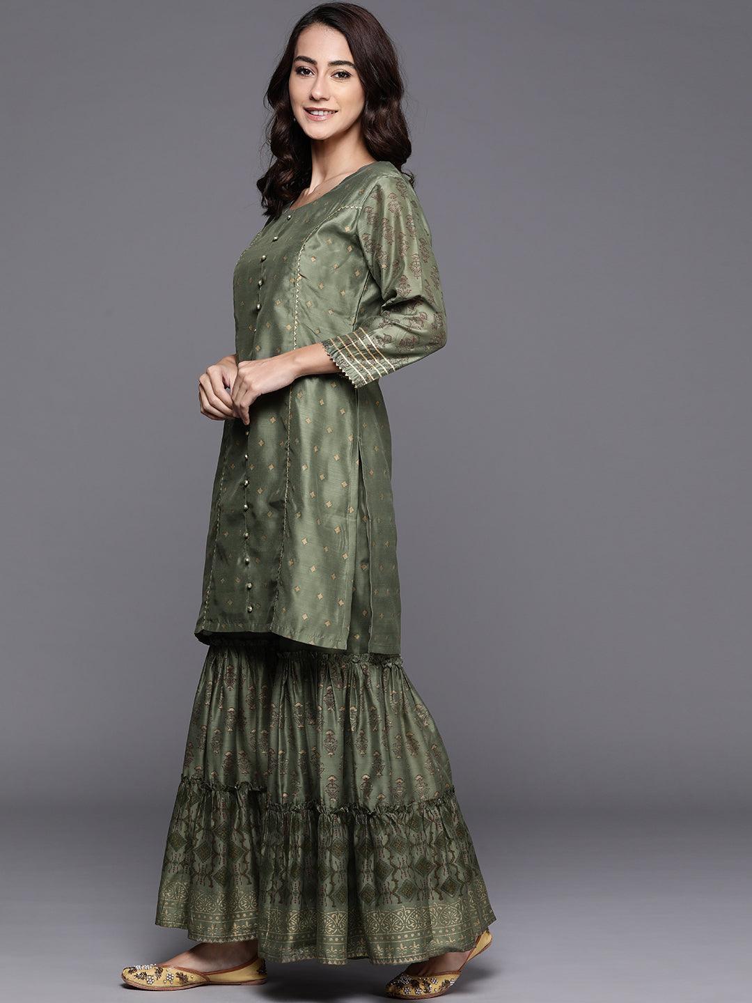 Green Printed Chanderi Silk Suit Set