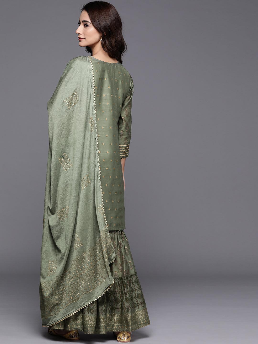 Green Printed Chanderi Silk Suit Set